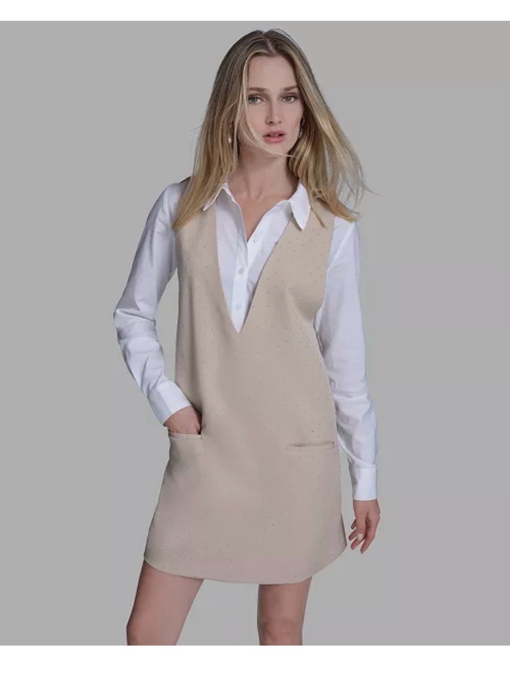 BCBG Women's Long Sleeve Twofer Vest Shirt Dress NWT